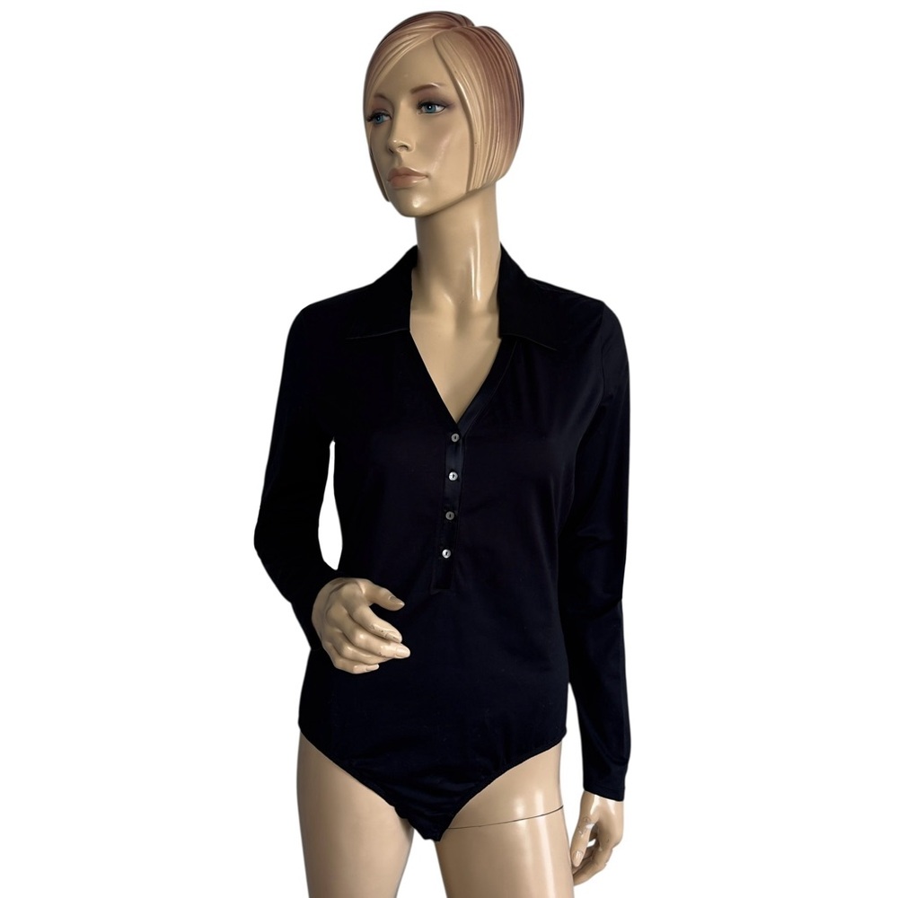 Hanro Black Cotton Silk Blend Long Sleeve Bodysuit Size Medium